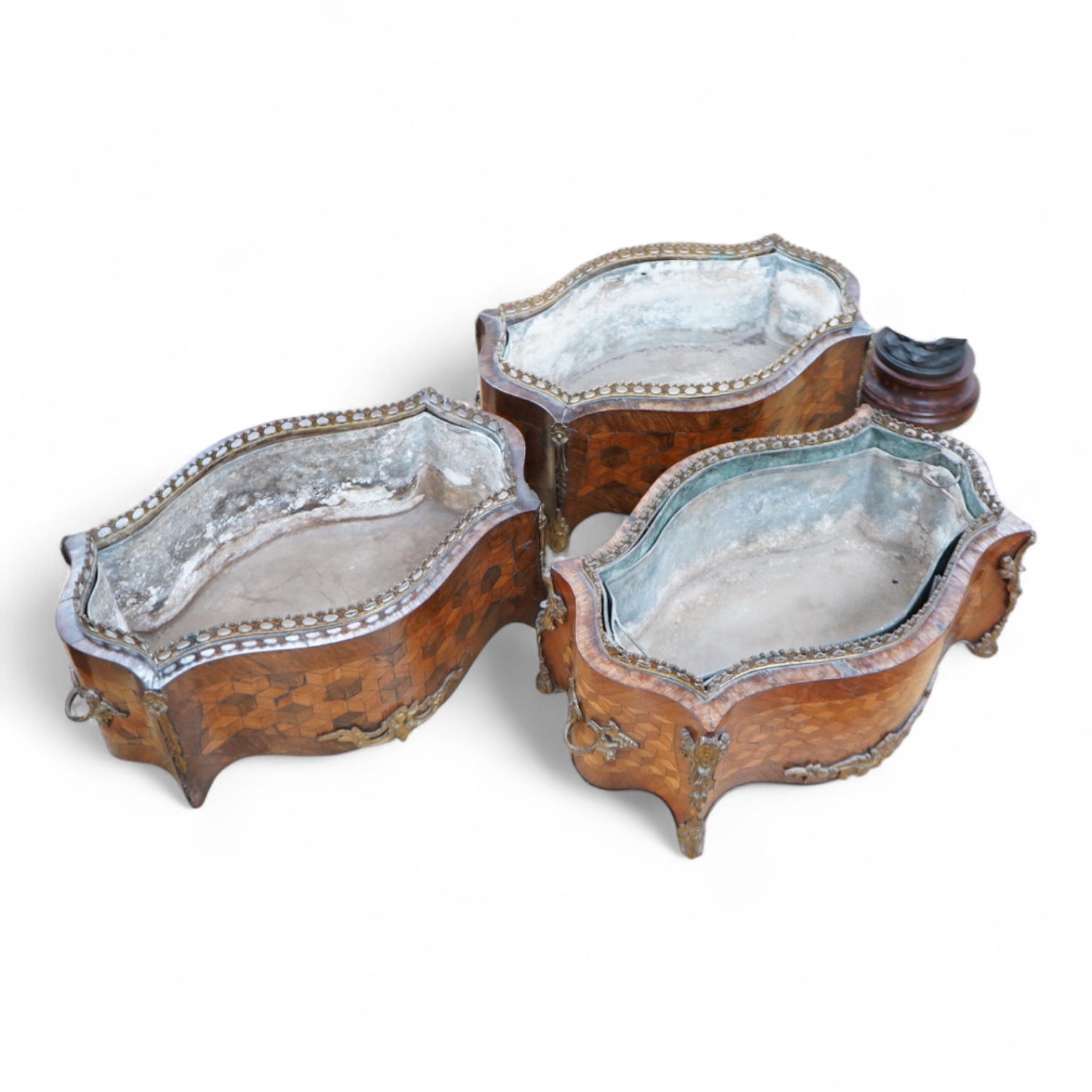 A pair of French Transitional style kingwood and parquetry table jardinières and one other, 43cm wide